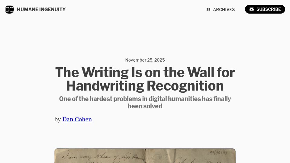 Screenshot of newsletter.dancohen.org: The writing is on the wall for handwriting recognition
