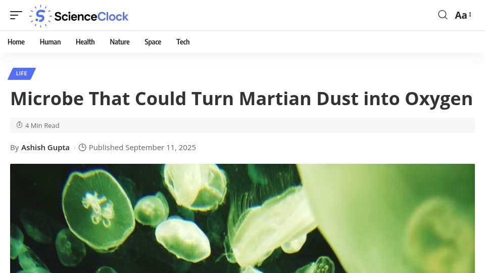 Screenshot of scienceclock.com: Researchers Find Microbe Capable of Producing Oxygen from Martian Soil