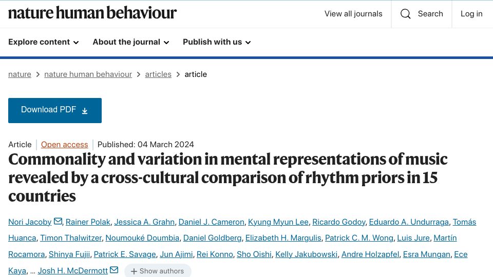 Screenshot of nature.com: What, if anything, is universal to music cognition? (2024)