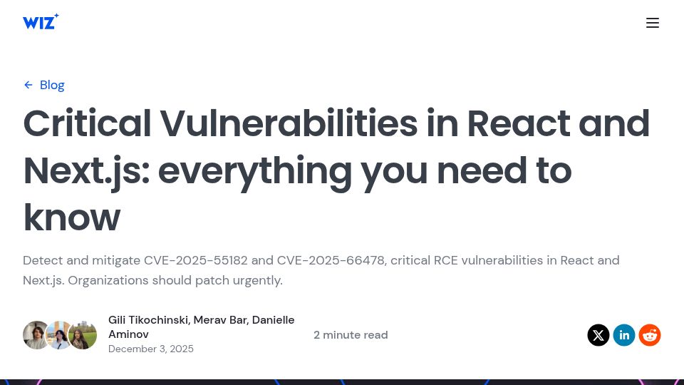Screenshot of wiz.io: Critical RCE Vulnerabilities in React and Next.js