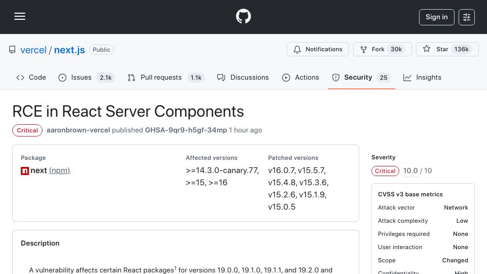 Screenshot of github.com: RCE Vulnerability in React and Next.js
