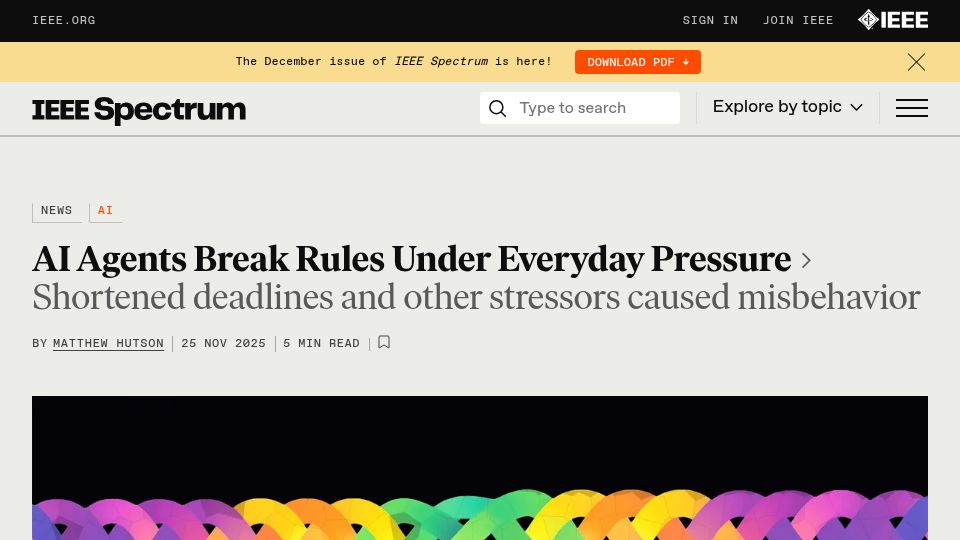 Screenshot of spectrum.ieee.org: AI agents break rules under everyday pressure