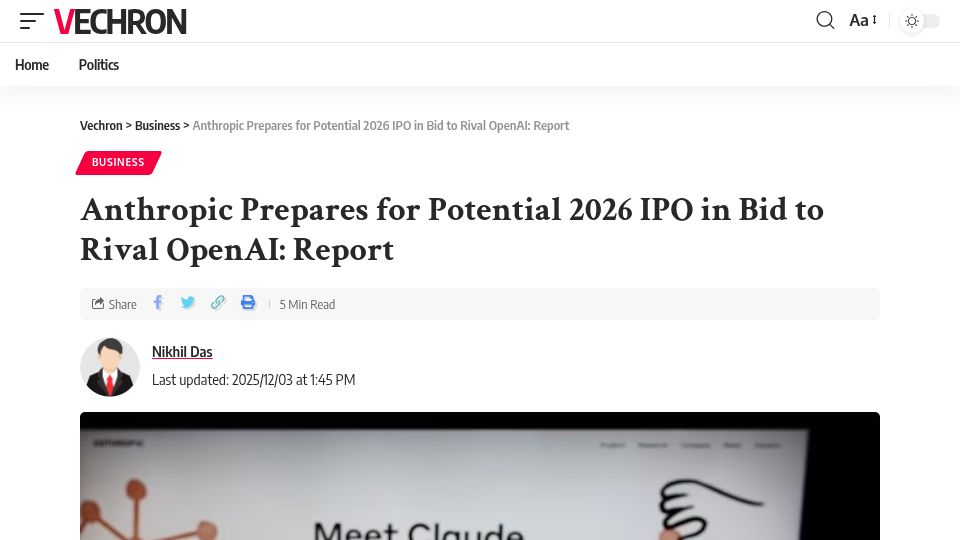 Screenshot of ft.com: Anthropic taps IPO lawyers as it races OpenAI to go public
