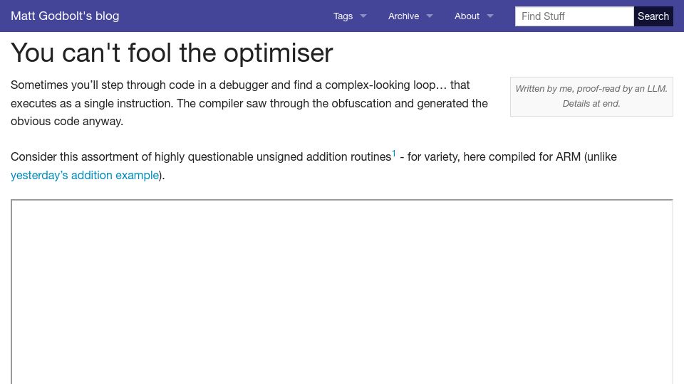 Screenshot of xania.org: You can't fool the optimizer