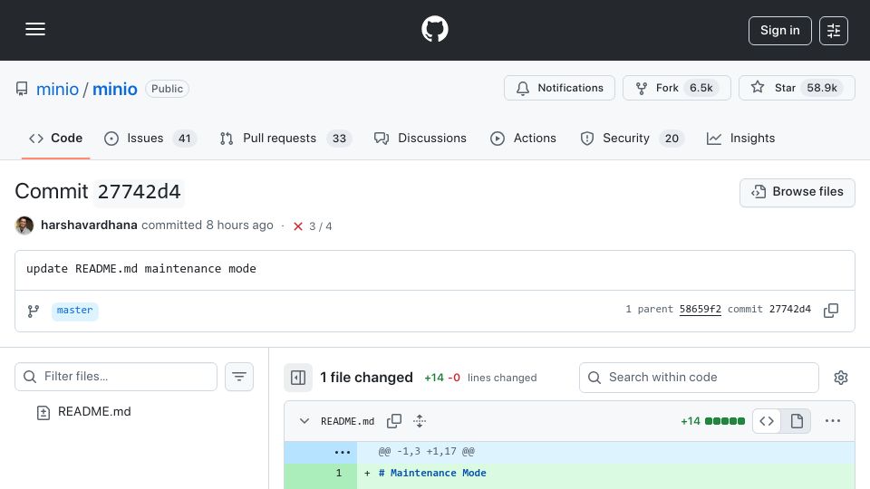 Screenshot of github.com: MinIO is now in maintenance-mode