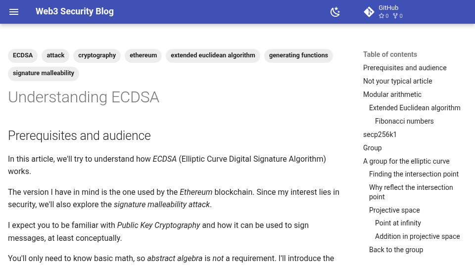 Screenshot of avidthinker.github.io: Understanding ECDSA