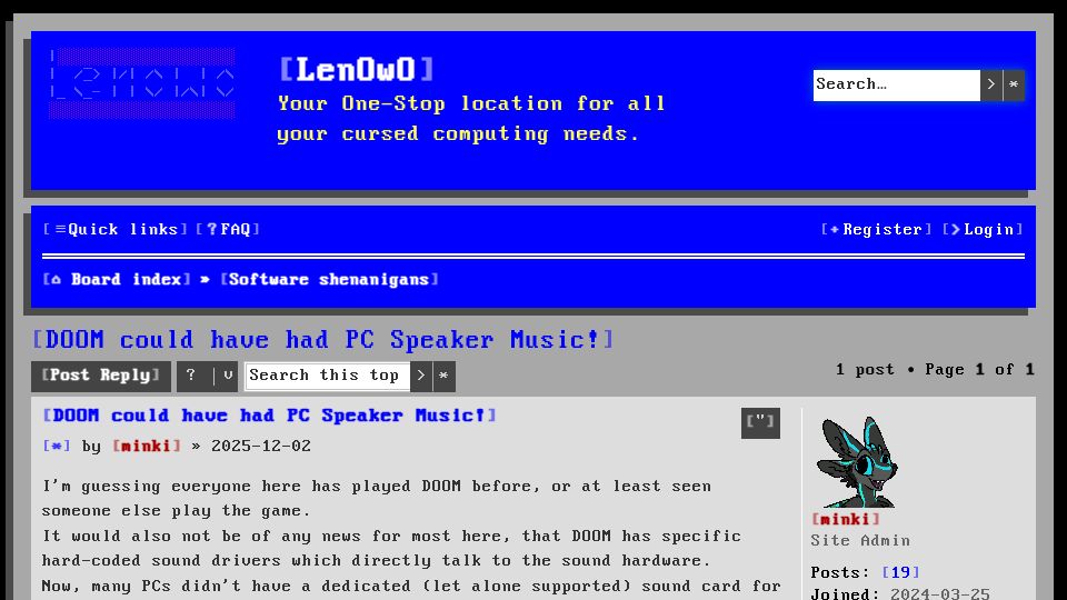 Screenshot of lenowo.org: DOOM could have had PC Speaker Music