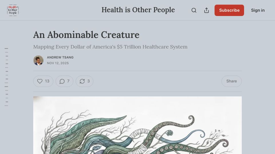 Screenshot of healthisotherpeople.substack.com: Mapping the US healthcare system’s financial flows