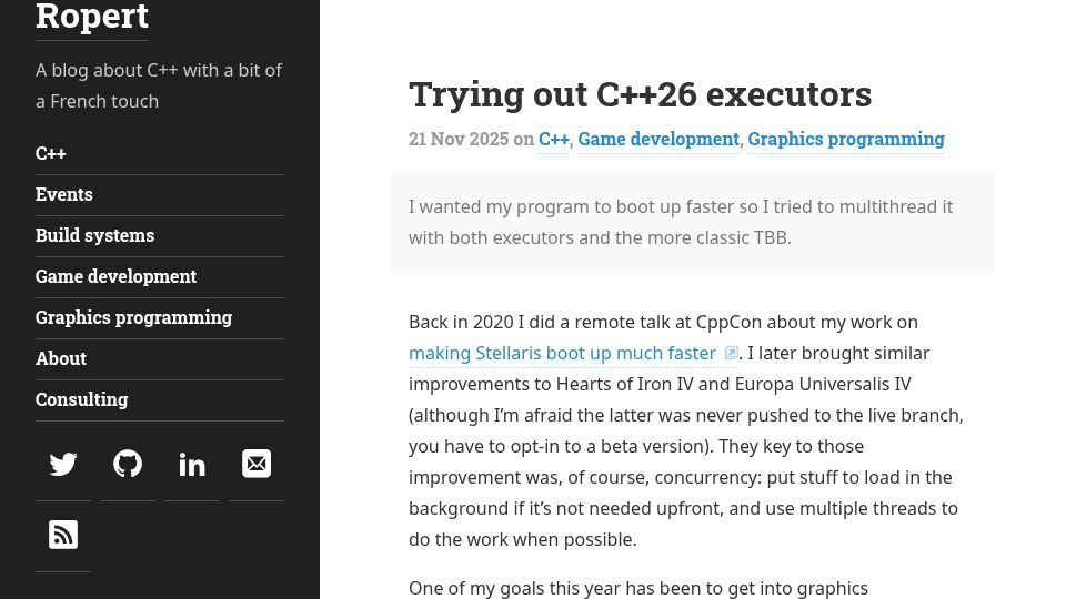 Screenshot of mropert.github.io: Trying Out C++26 Executors