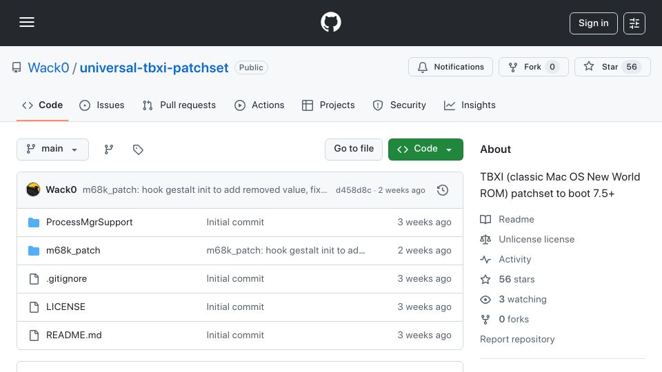 Screenshot of github.com: universal-tbxi-patchset: Mac OS New World ROM patchset to boot System 7.5