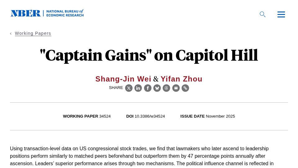 Screenshot of nber.org: “Captain Gains” on Capitol Hill