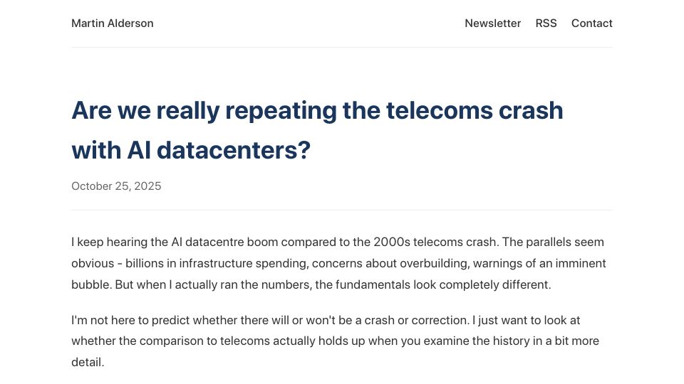 Screenshot of martinalderson.com: Are we repeating the telecoms crash with AI datacenters?