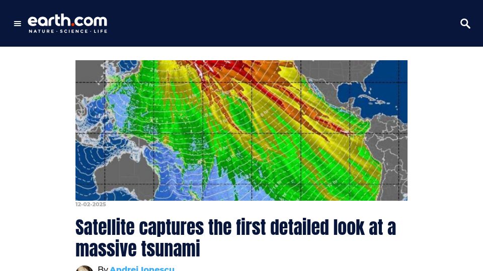 Screenshot of earth.com: Satellite captures the first detailed look at a giant tsunami