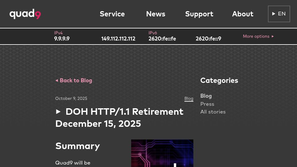 Screenshot of quad9.net: Quad9 DOH HTTP/1.1 Retirement, December 15, 2025
