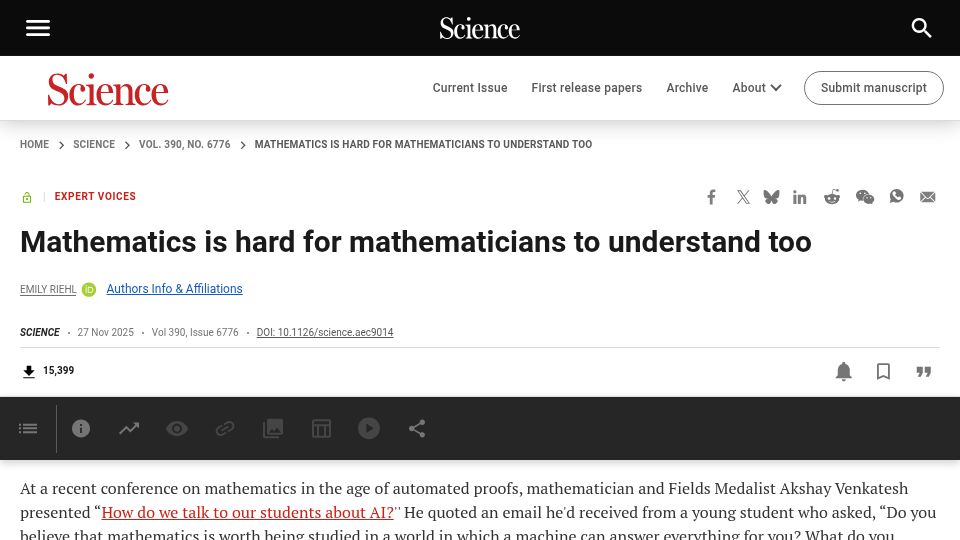 Screenshot of science.org: Mathematics is hard for mathematicians to understand too