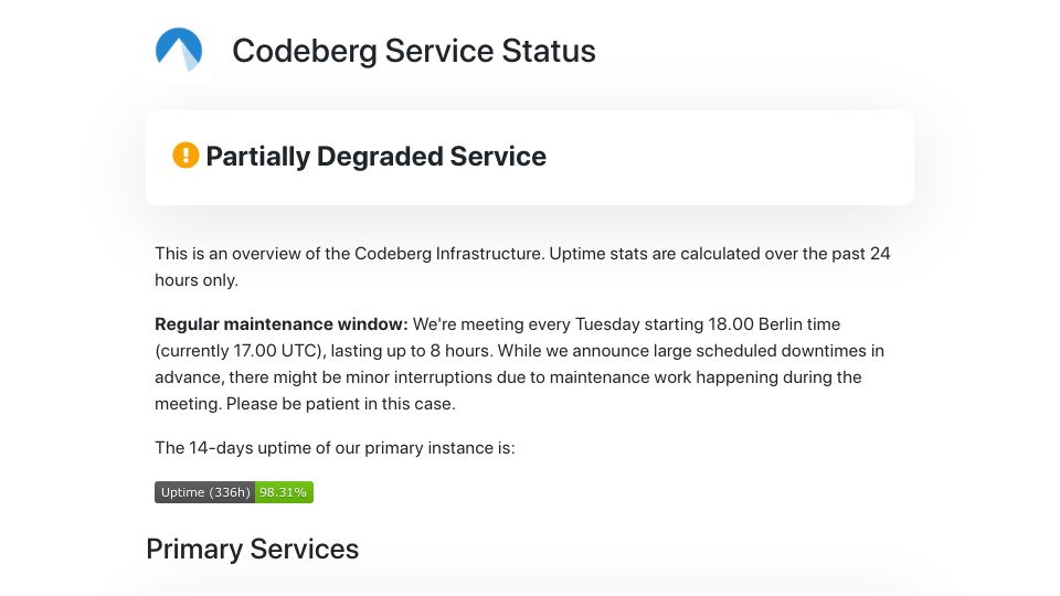 Screenshot of status.codeberg.org: Codeberg Is Down