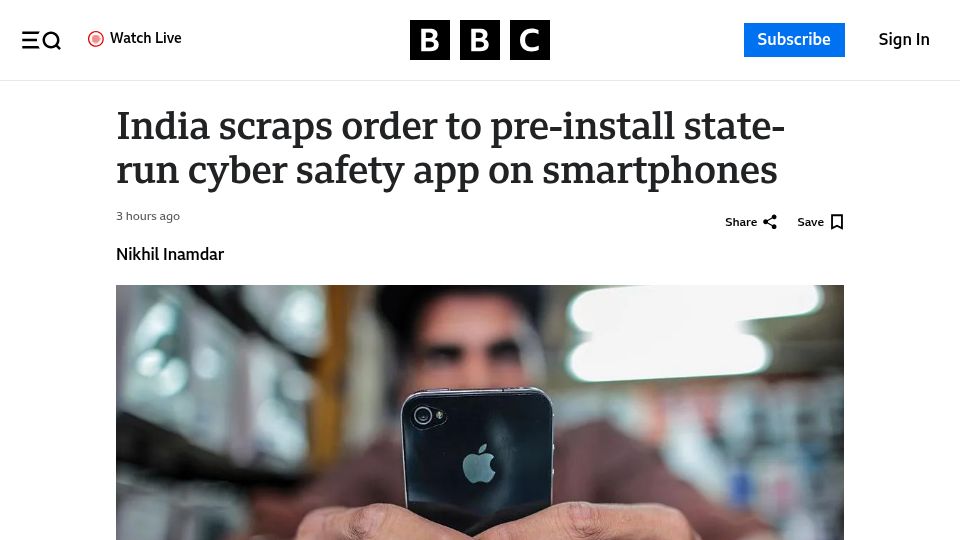 Screenshot of bbc.com: India scraps order to pre-install state-run cyber safety app on smartphones