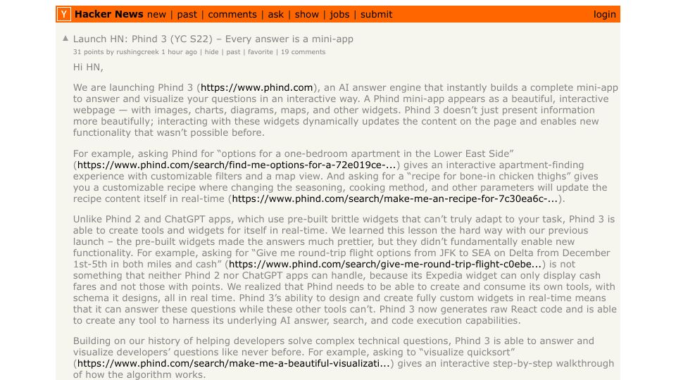 Screenshot of Hacker News post: Launch HN: Phind 3 (YC S22) – Every answer is a mini-app