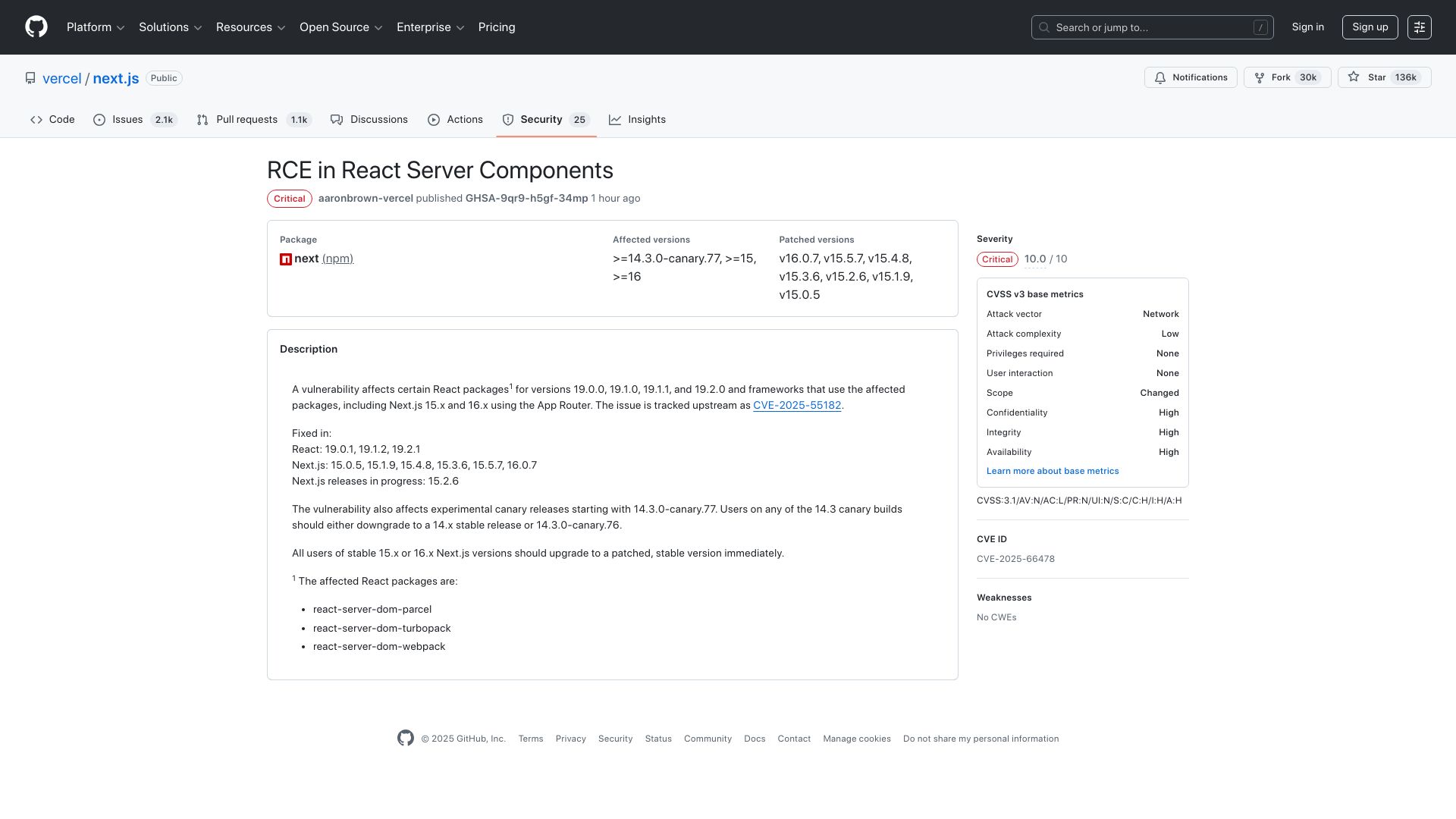 Screenshot of github.com: RCE Vulnerability in React and Next.js
