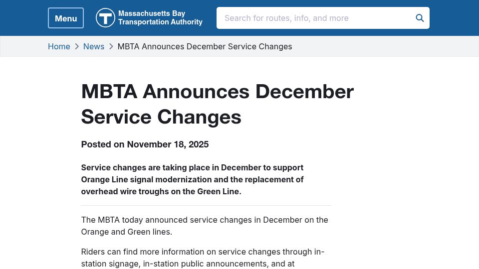 Screenshot of mbta.com: Boston's subway system replacing 1890s-era wooden catenary system