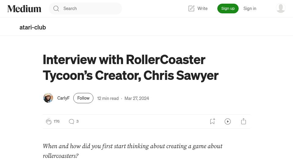 Screenshot of medium.com: Interview with RollerCoaster Tycoon's Creator, Chris Sawyer (2024)