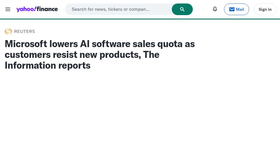 Screenshot of finance.yahoo.com: Microsoft lowers AI software growth targets