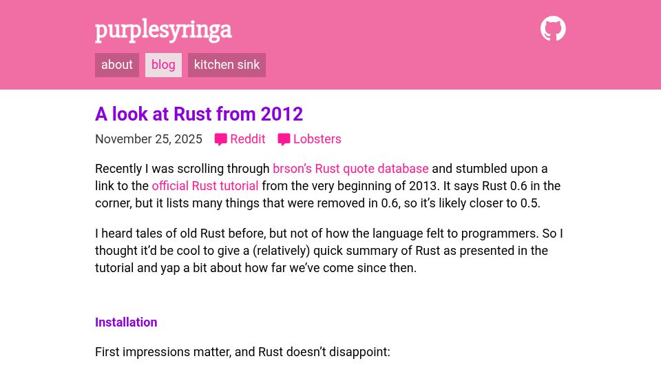Screenshot of purplesyringa.moe: A Look at Rust from 2012