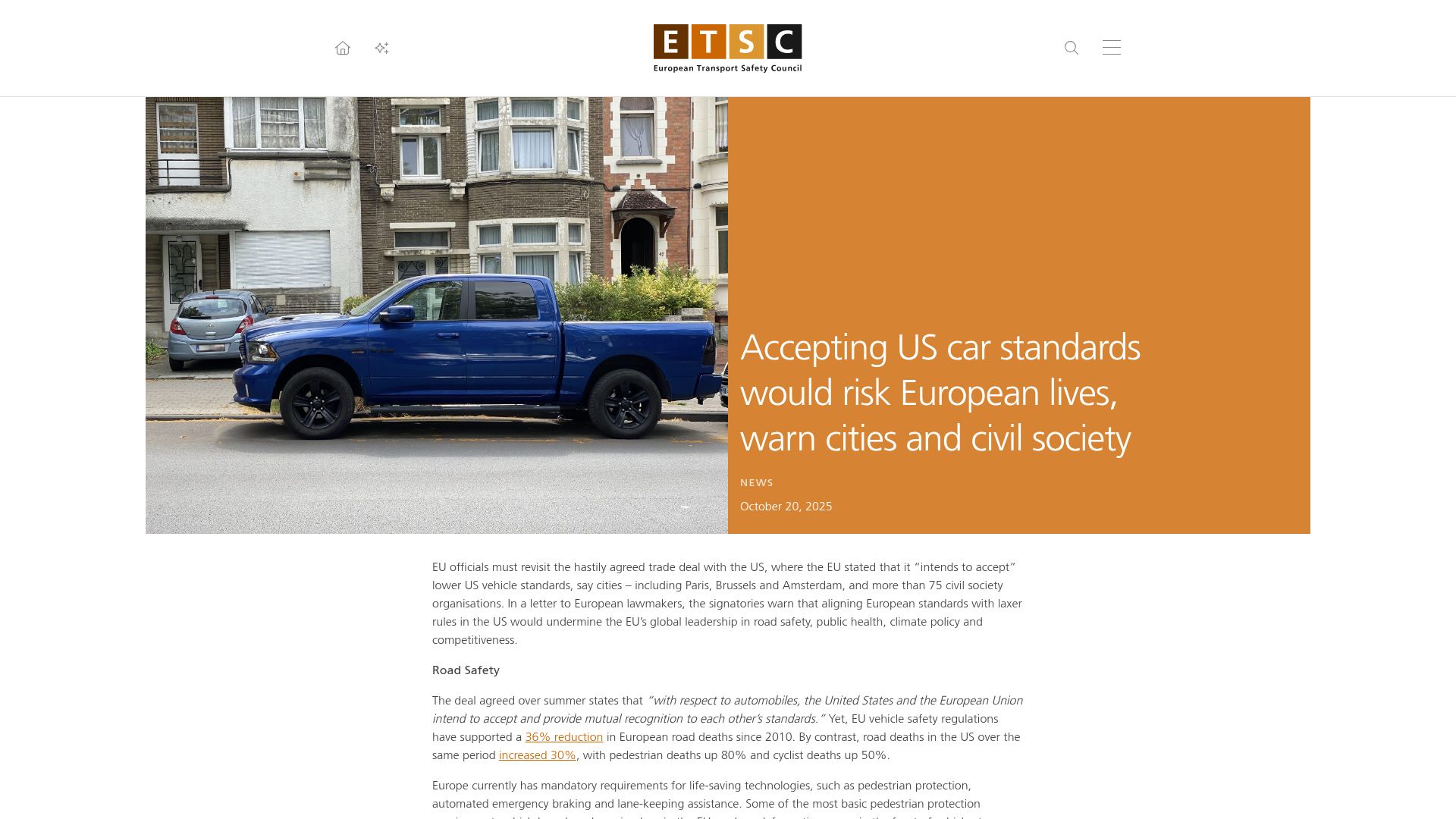 Screenshot of etsc.eu: Accepting US car standards would risk European lives