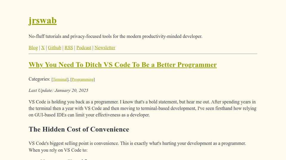 Screenshot of jrswab.com: You Need to Ditch VS Code