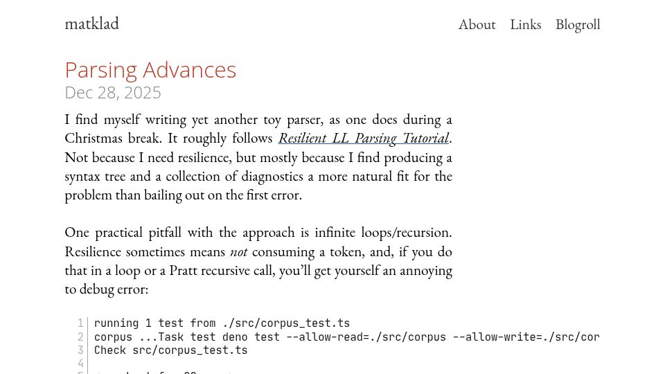 Screenshot of matklad.github.io: Parsing Advances