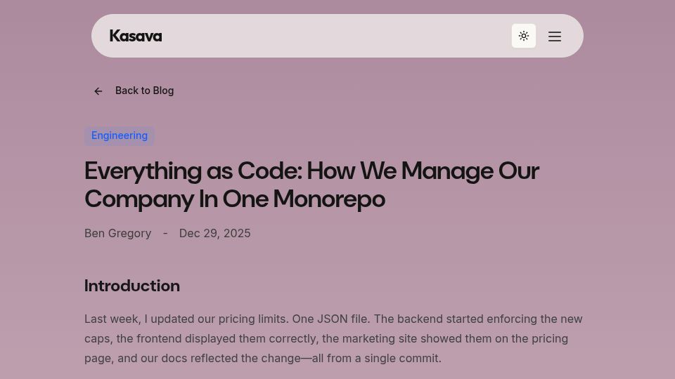 Screenshot of kasava.dev: Everything as code: How we manage our company in one monorepo