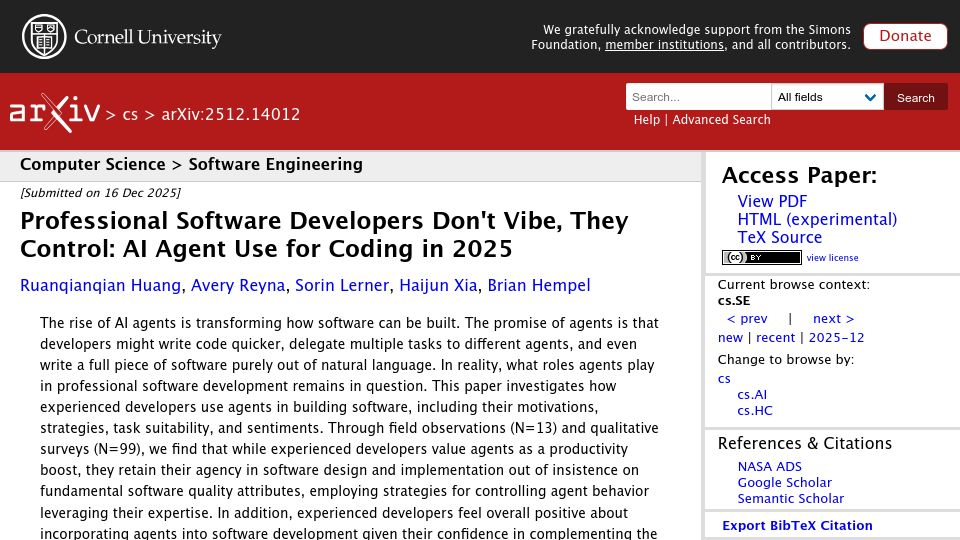 Screenshot of arxiv.org: Professional software developers don't vibe, they control