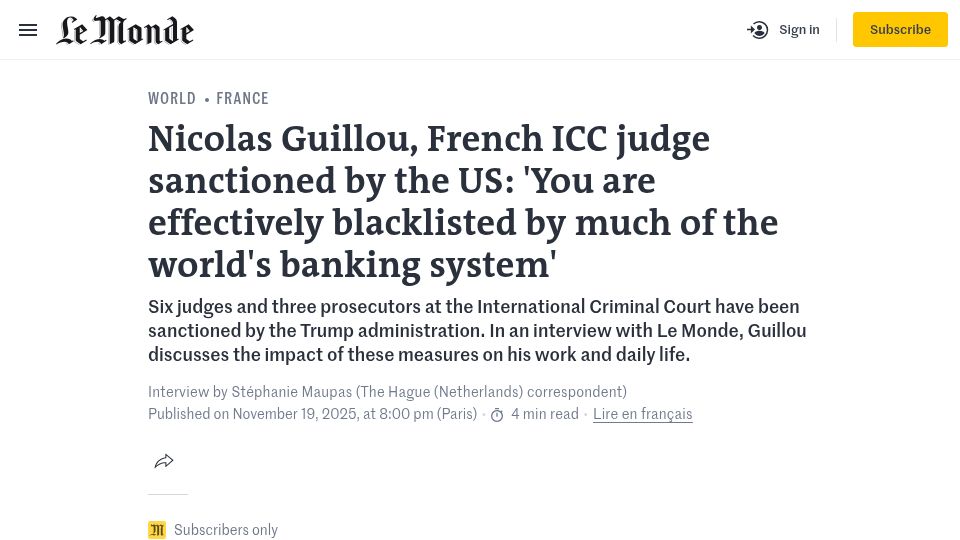 Screenshot of lemonde.fr: Nicolas Guillou, French ICC judge sanctioned by the US and “debanked”