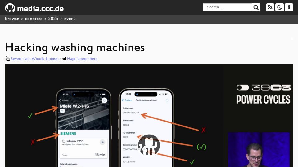 Screenshot of media.ccc.de: Hacking Washing Machines [video]