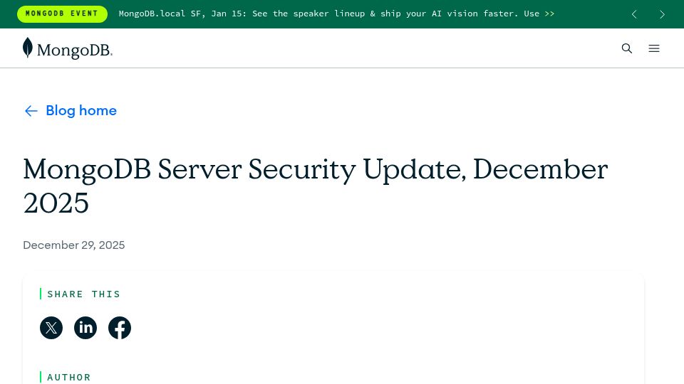 Screenshot of mongodb.com: MongoDB Server Security Update, December 2025
