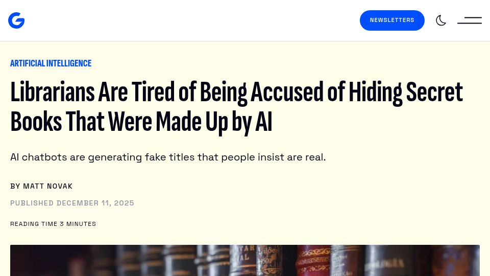 Screenshot of gizmodo.com: Librarians Tired of Being Accused of Hiding Secret Books That Were Made Up by AI