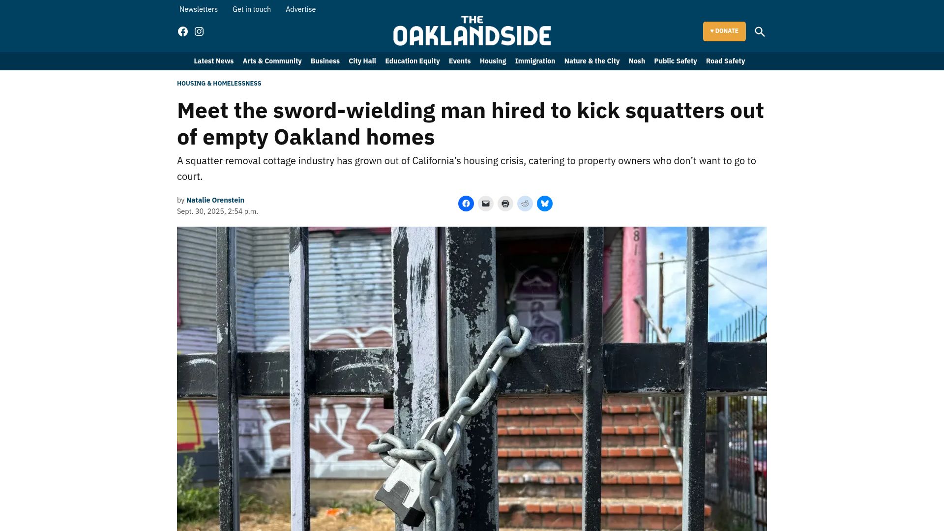 Screenshot of oaklandside.org: The sword-wielding man hired to kick squatters out of empty Oakland homes