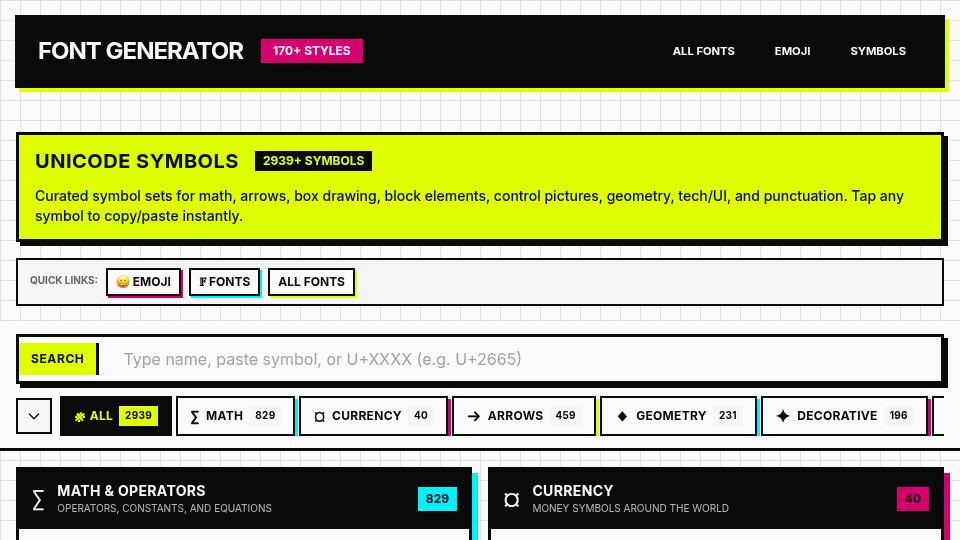 Screenshot of fontgenerator.design: Show HN: One clean, developer-focused page for every Unicode symbol