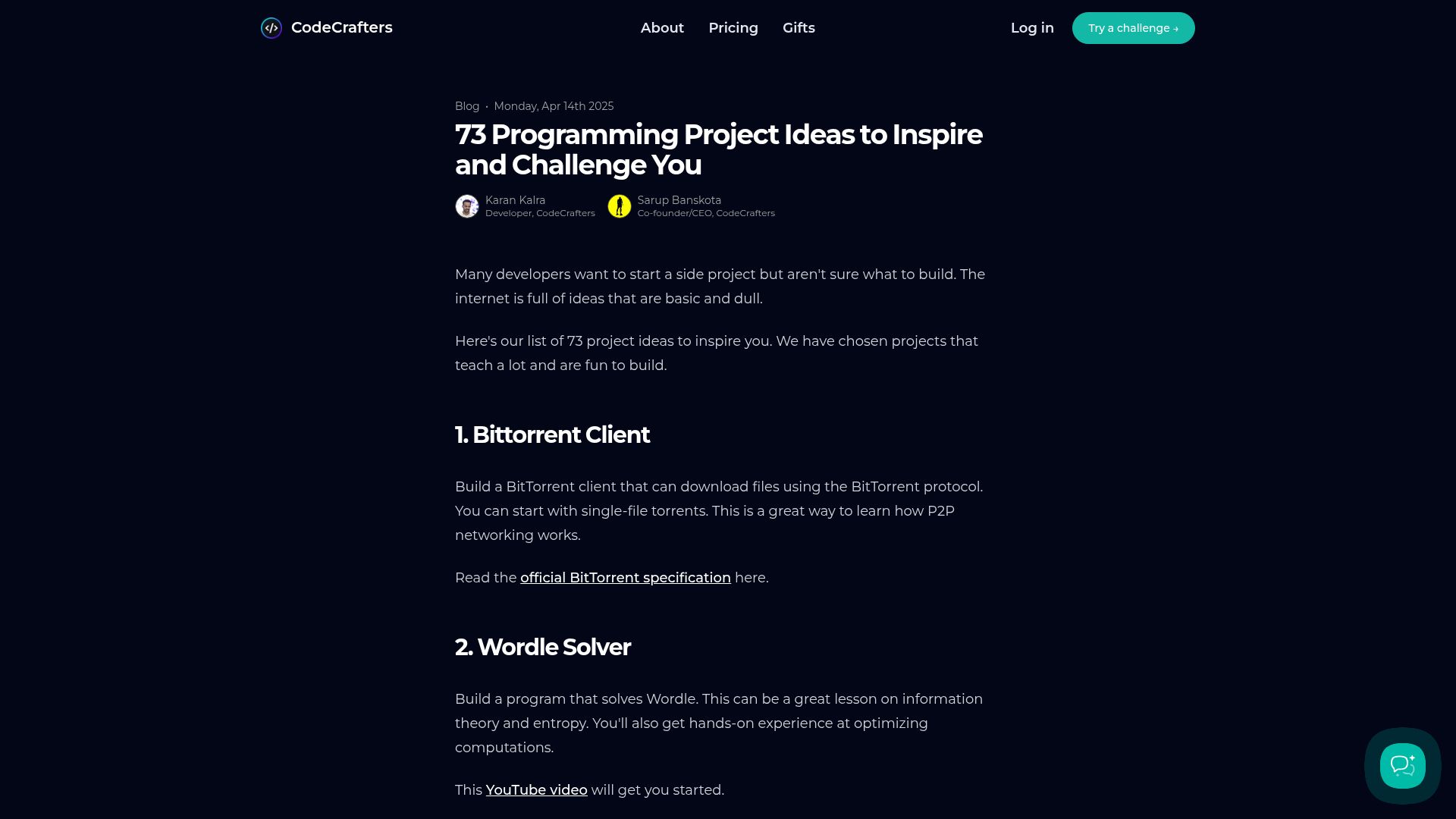 Screenshot of codecrafters.io: Project ideas to appreciate the art of programming
