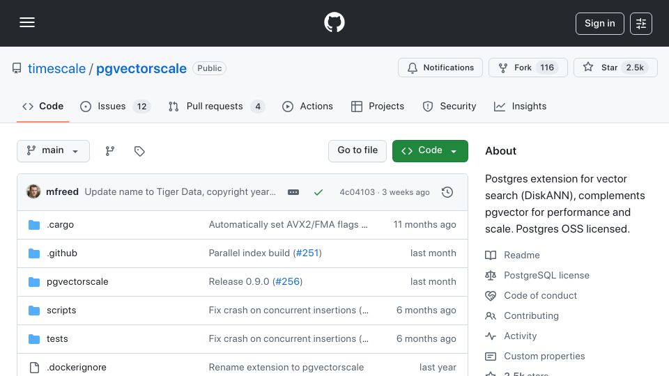 Screenshot of github.com: Postgres extension complements pgvector for performance and scale