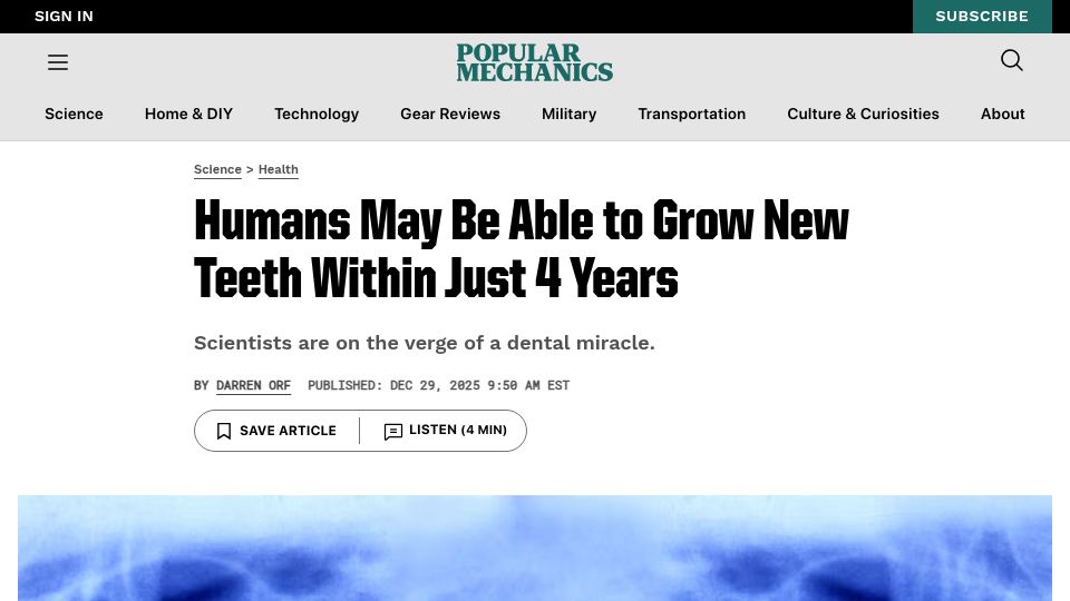 Screenshot of popularmechanics.com: Humans May Be Able to Grow New Teeth Within Just 4 Years