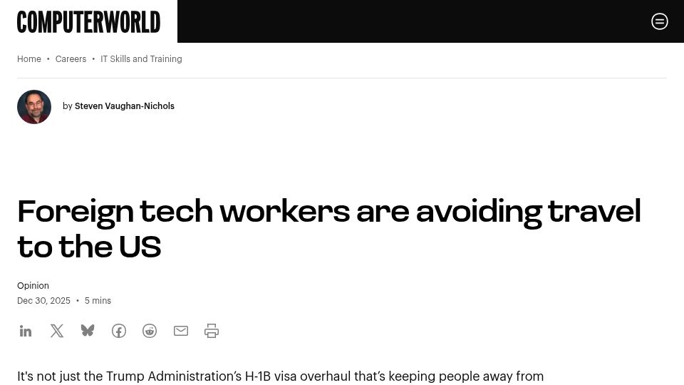 Screenshot of computerworld.com: Foreign tech workers are avoiding travel to the US