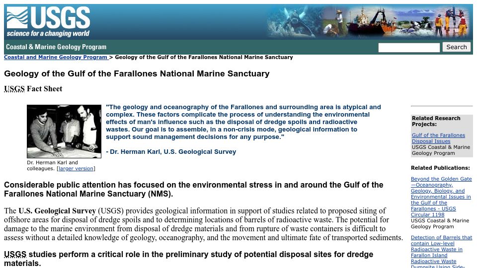 Screenshot of pubs.usgs.gov: Geology of the Gulf of the Farallones National Marine Sanctuary