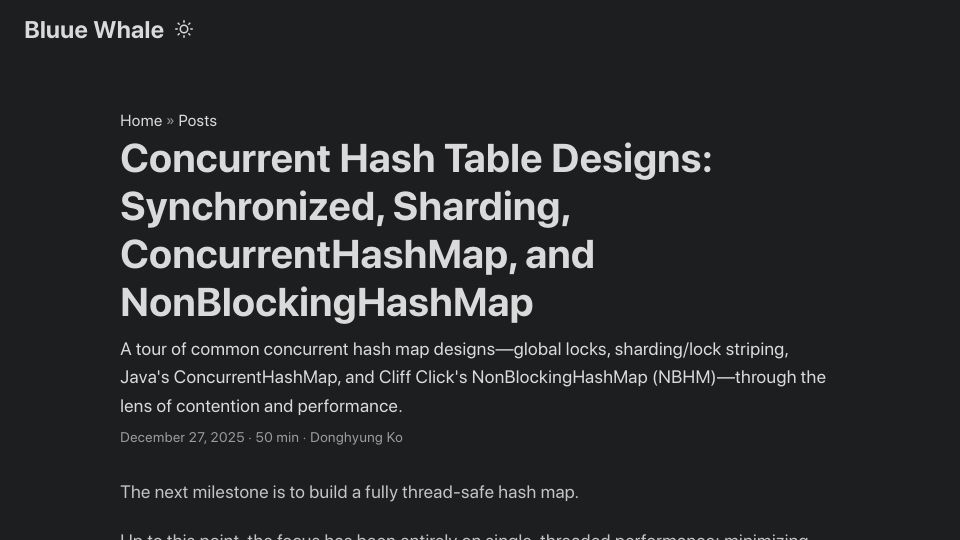 Screenshot of bluuewhale.github.io: Concurrent Hash Table Designs