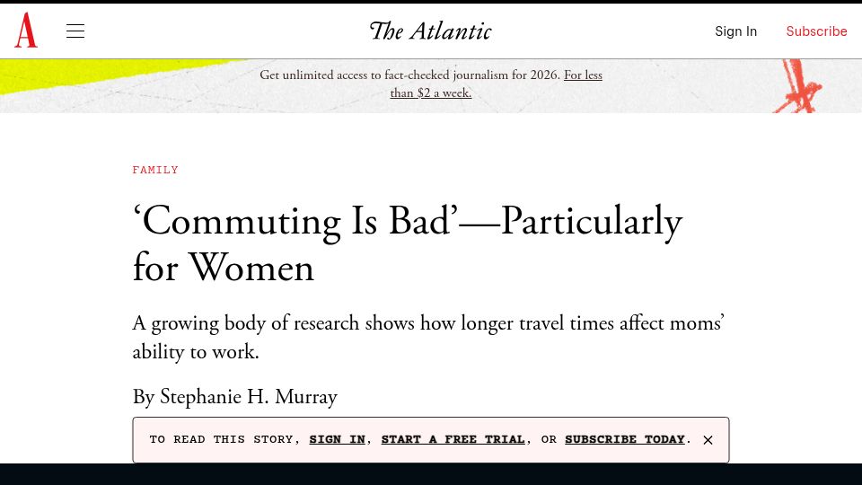 Screenshot of theatlantic.com: 'Commuting Is Bad'–Particularly for Women