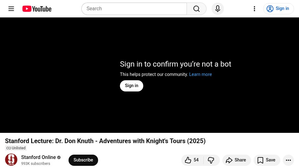 Screenshot of youtube.com: Stanford Lecture: Dr. Don Knuth – Adventures with Knight's Tours [video]