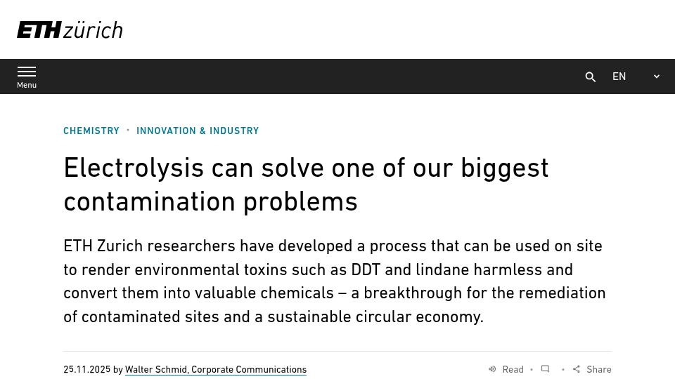 Screenshot of ethz.ch: Electrolysis can solve one of our biggest contamination problems