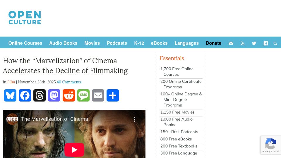 Screenshot of openculture.com: How the “Marvelization” of Cinema Accelerates the Decline of Filmmaking