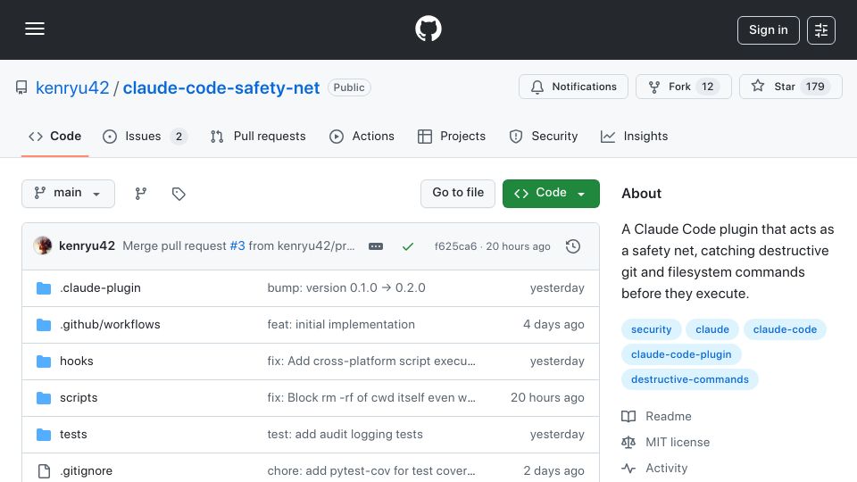 Screenshot of github.com: Show HN: A Claude Code plugin that catch destructive Git and filesystem commands
