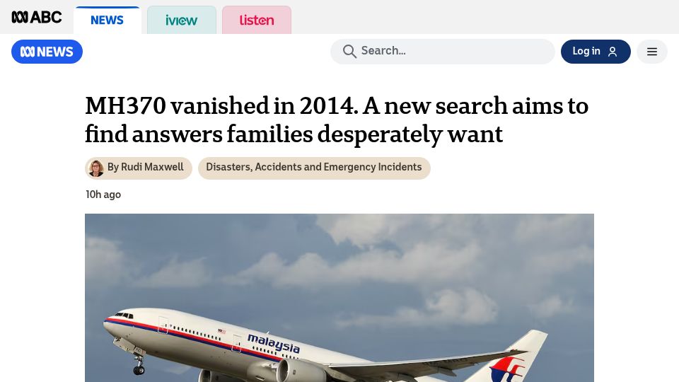 Screenshot of abc.net.au: MH370 vanished in 2014.New search aims to find answers families desperately want